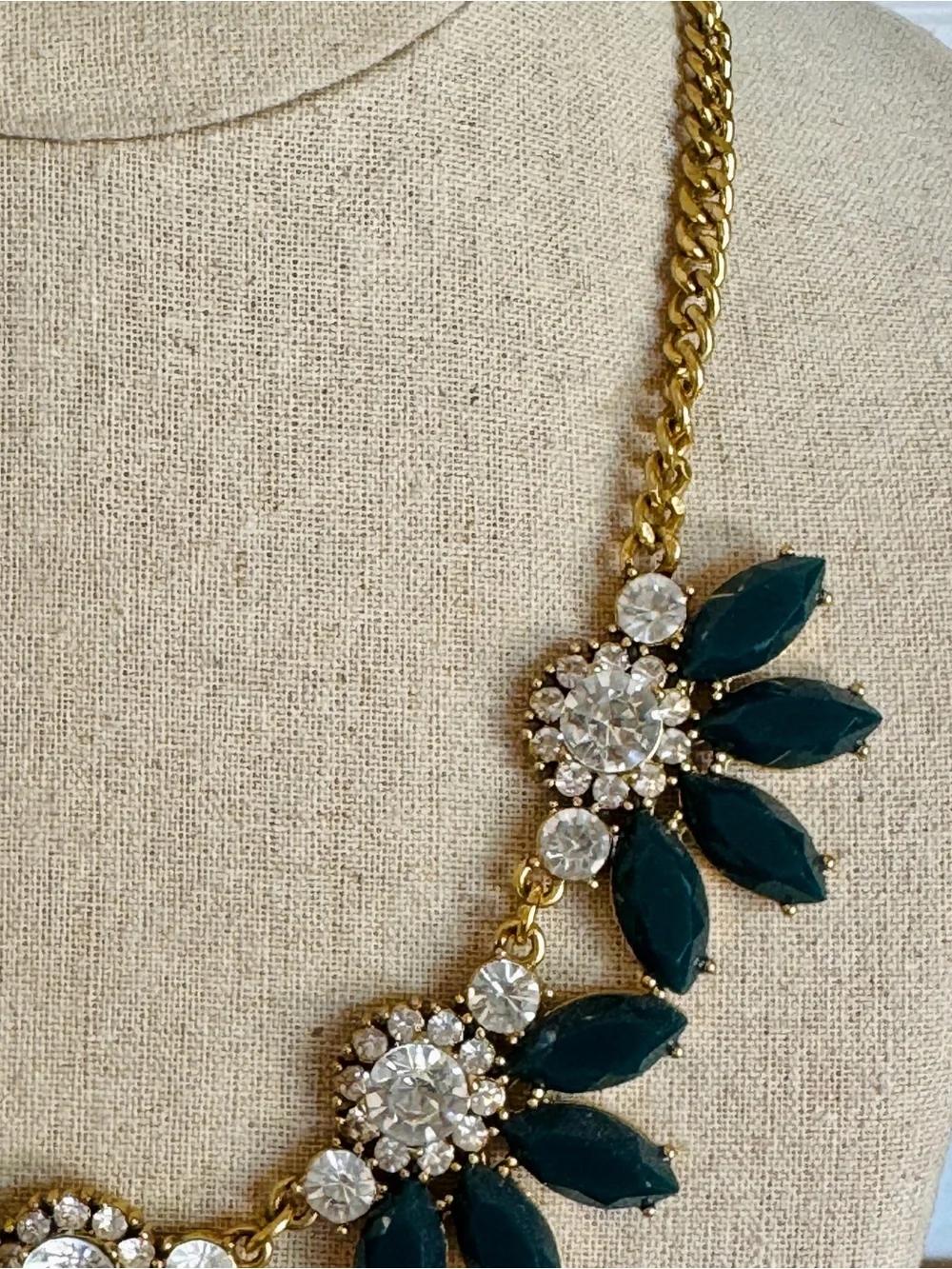 J.Crew Teal Crystal Rhinestone Floral Statement Necklace Gold Tone